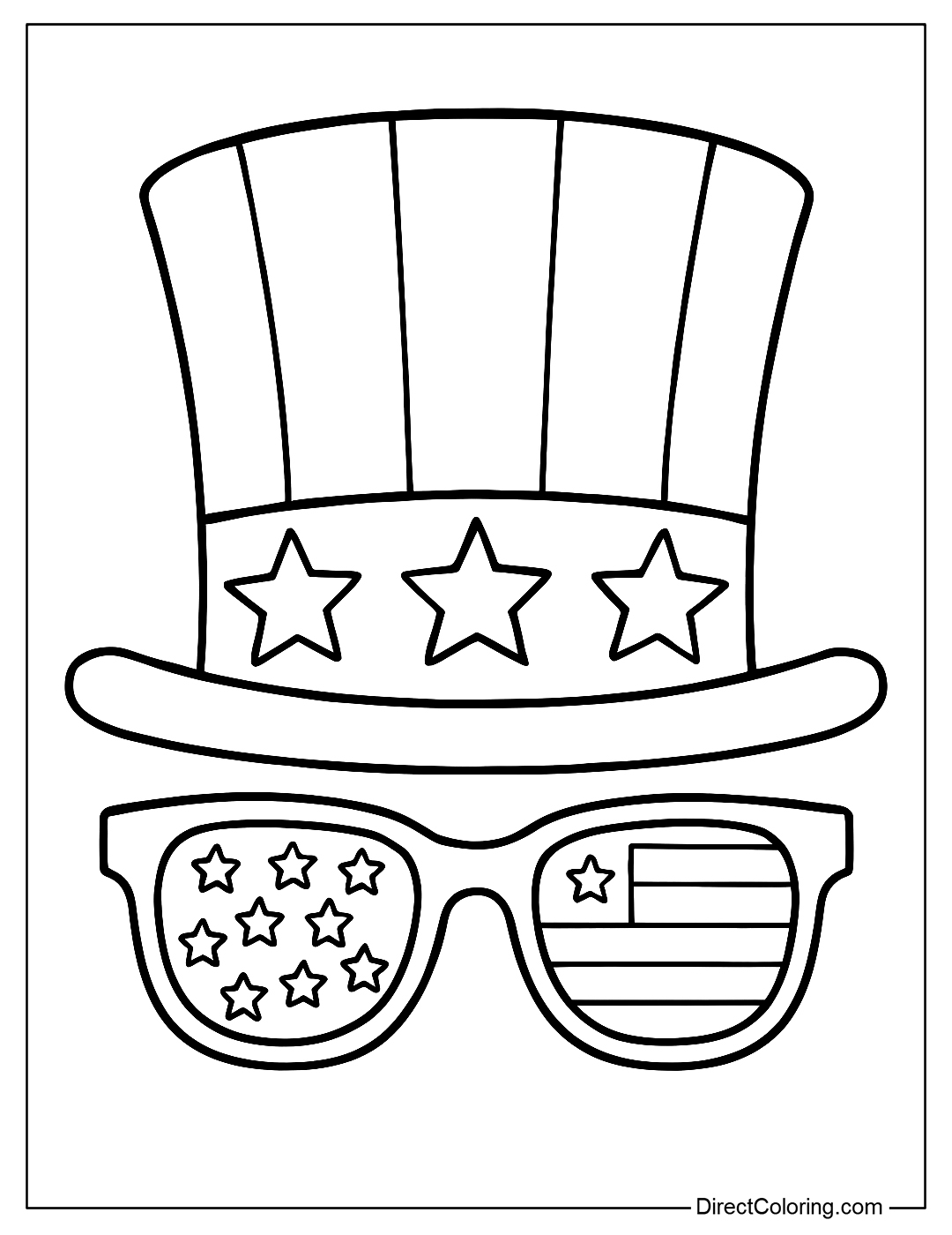 A coloring page of a large Uncle Sam hat with stars and stripes, with a pair of American flag sunglasses underneath.